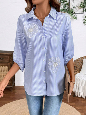 LUNE Women's Casual Embroidered Floral Blue And White Striped Shirt