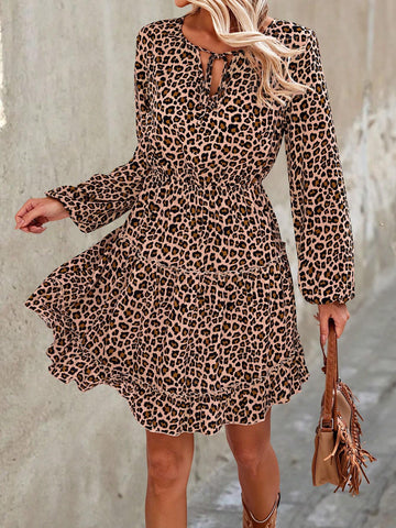Women's Casual Everyday Leopard Print Knotted Collar Lantern Sleeve Dress, Autumn