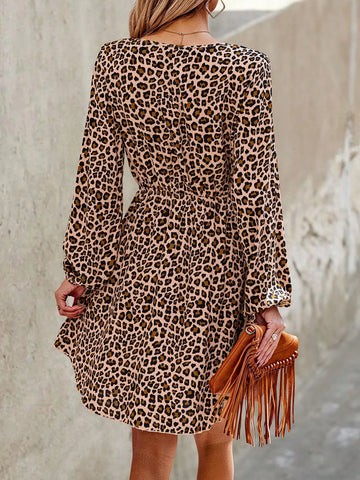 Women's Casual Everyday Leopard Print Knotted Collar Lantern Sleeve Dress, Autumn