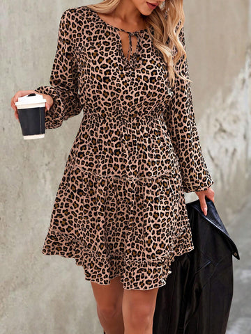 Women's Casual Everyday Leopard Print Knotted Collar Lantern Sleeve Dress, Autumn