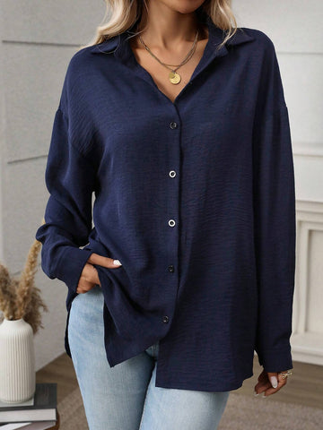 LUNE Women's Casual Everyday Simple Loose Button-Up Shirt, Autumn