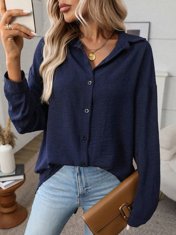 LUNE Women's Casual Everyday Simple Loose Button-Up Shirt, Autumn