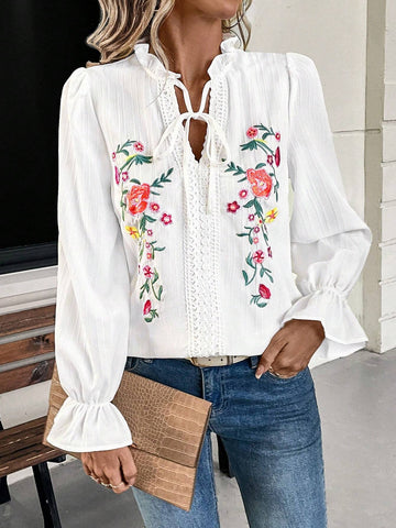 LUNE Women's Casual Floral Embroidered Tie Neck Ruffle Sleeve Blouse