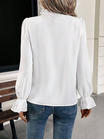 LUNE Women's Casual Floral Embroidered Tie Neck Ruffle Sleeve Blouse