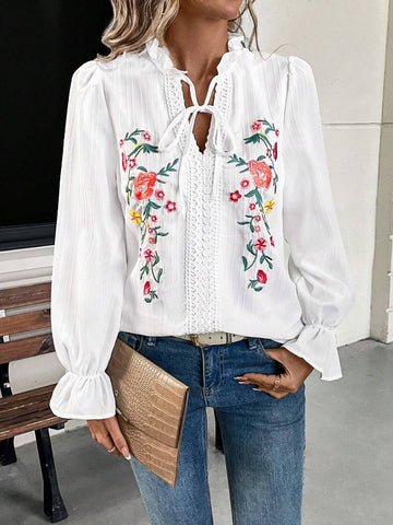 LUNE Women's Casual Floral Embroidered Tie Neck Ruffle Sleeve Blouse