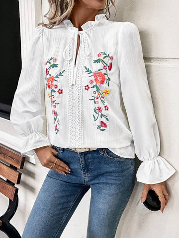 LUNE Women's Casual Floral Embroidered Tie Neck Ruffle Sleeve Blouse