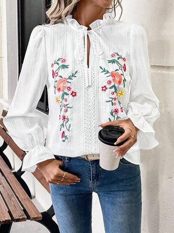LUNE Women's Casual Floral Embroidered Tie Neck Ruffle Sleeve Blouse