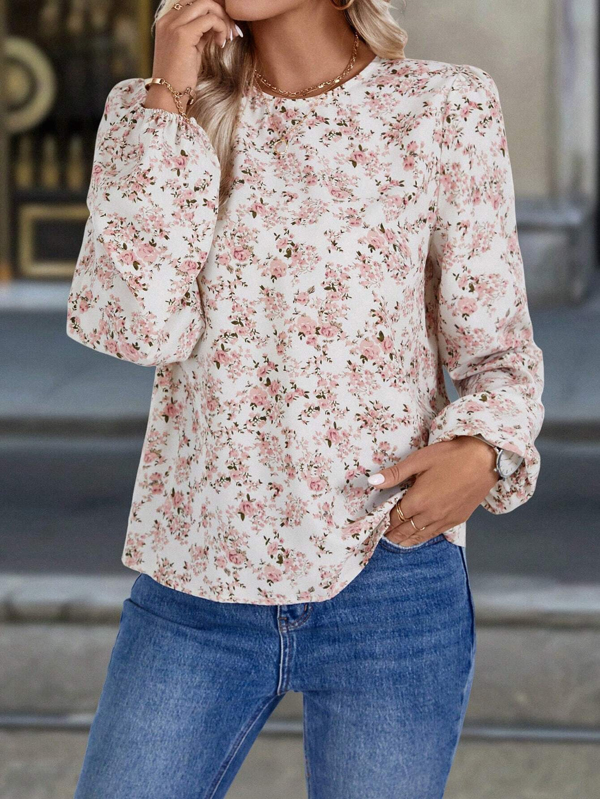 LUNE Women's Casual Floral Lantern Sleeve Loose Fit Blouse