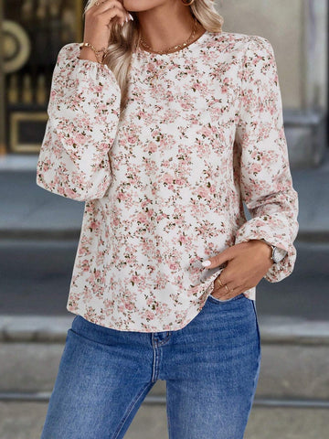 LUNE Women's Casual Floral Lantern Sleeve Loose Fit Blouse