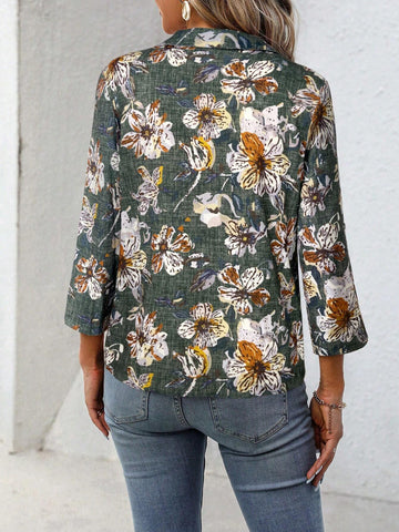 LUNE Women's Casual Floral Print 3/4 Sleeve Blouse For Autumn