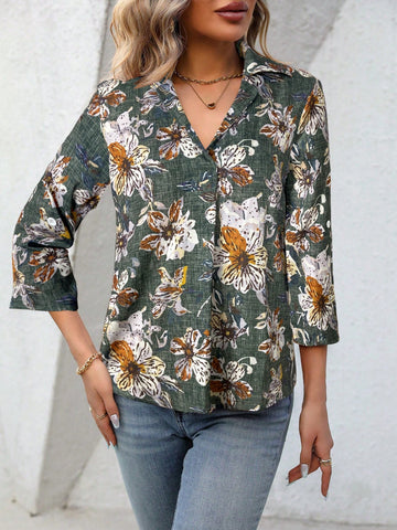 LUNE Women's Casual Floral Print 3/4 Sleeve Blouse For Autumn