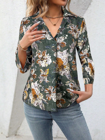 LUNE Women's Casual Floral Print 3/4 Sleeve Blouse For Autumn