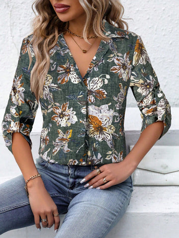 LUNE Women's Casual Floral Print 3/4 Sleeve Blouse For Autumn