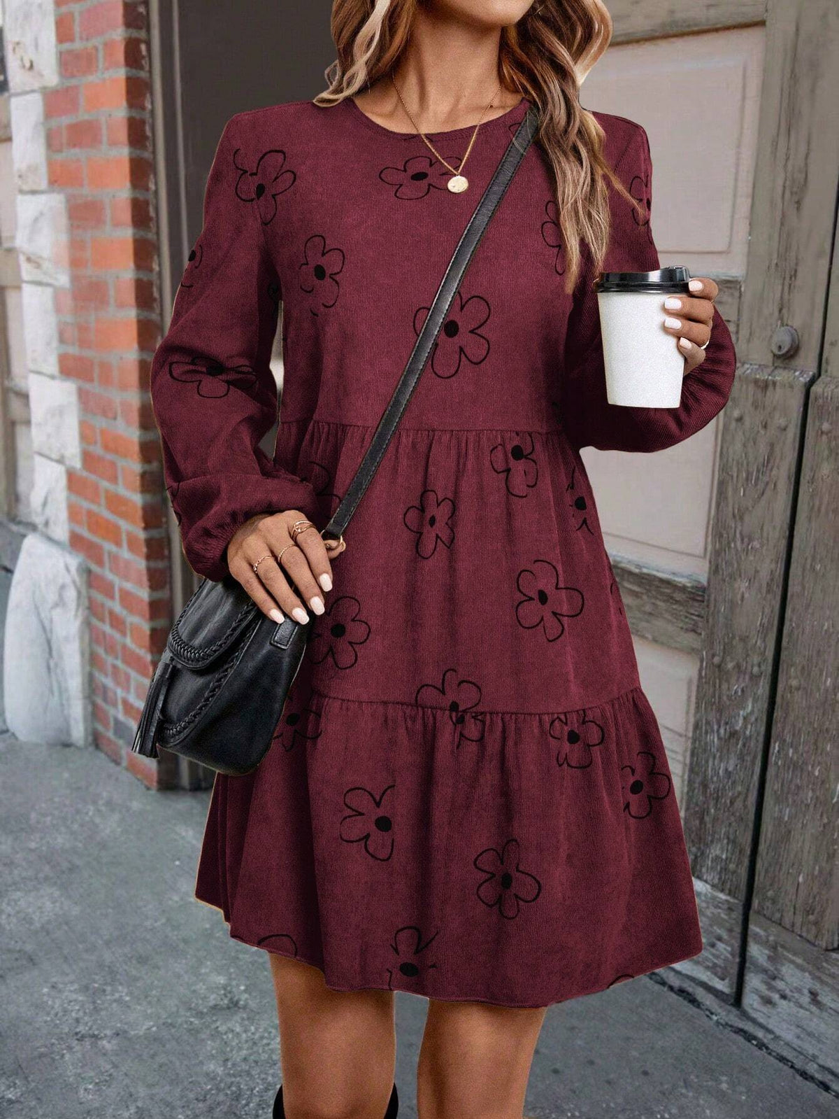 Women's Casual Floral Print Lantern Sleeve Dress, Autumn