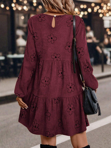 Women's Casual Floral Print Lantern Sleeve Dress, Autumn