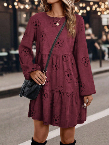 Women's Casual Floral Print Lantern Sleeve Dress, Autumn