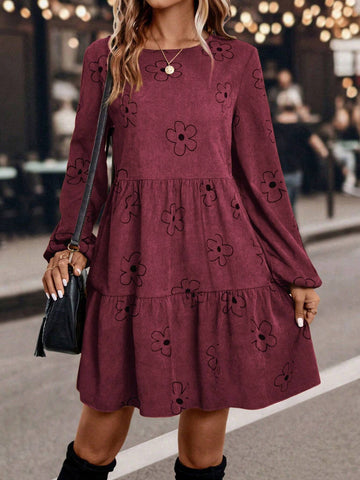 Women's Casual Floral Print Lantern Sleeve Dress, Autumn