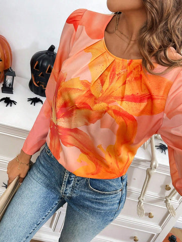 LUNE Women's Casual Floral Print Pleated Long Sleeve Blouse, Fall/Winter