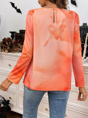 LUNE Women's Casual Floral Print Pleated Long Sleeve Blouse, Fall/Winter