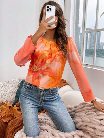LUNE Women's Casual Floral Print Pleated Long Sleeve Blouse, Fall/Winter