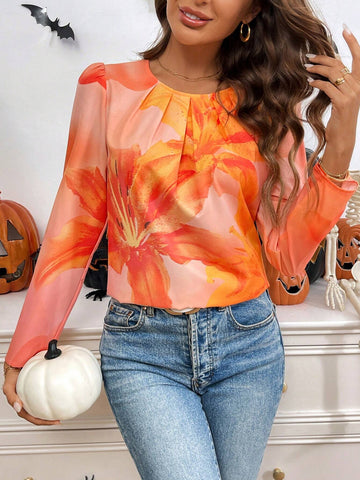 LUNE Women's Casual Floral Print Pleated Long Sleeve Blouse, Fall/Winter