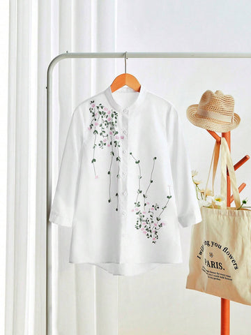 LUNE Women's Casual Floral Print Stand Collar High-Low Hem Loose White Blouse