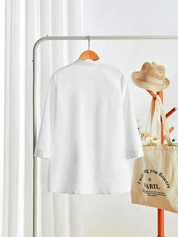 LUNE Women's Casual Floral Print Stand Collar High-Low Hem Loose White Blouse