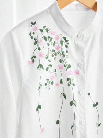 LUNE Women's Casual Floral Print Stand Collar High-Low Hem Loose White Blouse