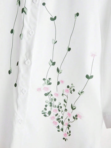 LUNE Women's Casual Floral Print Stand Collar High-Low Hem Loose White Blouse