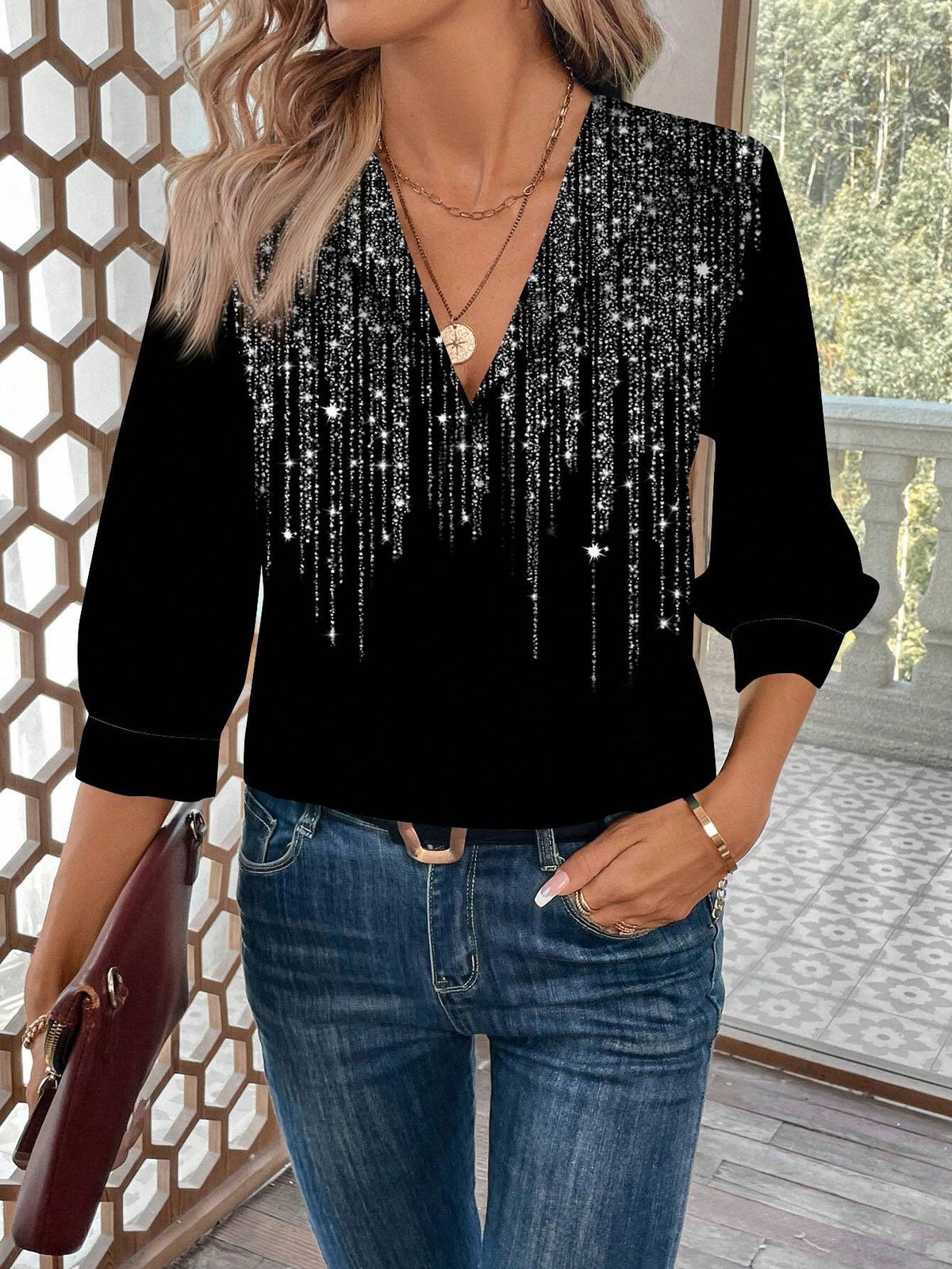 LUNE Women's Casual Glitter Floral Shirt, Suitable For Party, Autumn/Winter