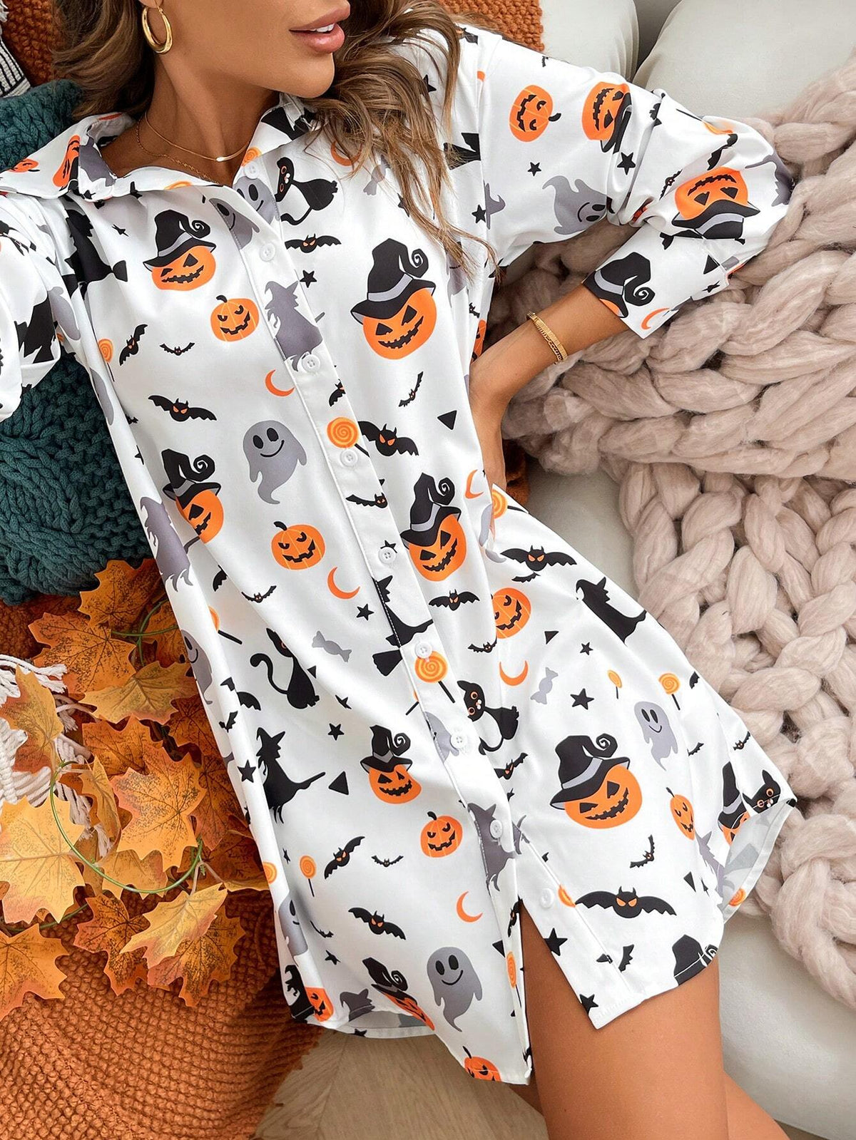 Women's Casual Halloween Graphic Print Long Sleeve Shirt Dress