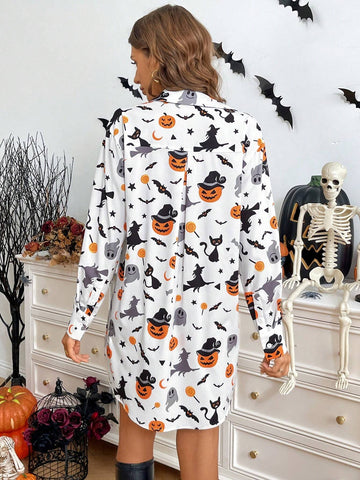 Women's Casual Halloween Graphic Print Long Sleeve Shirt Dress