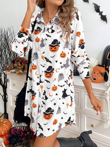 Women's Casual Halloween Graphic Print Long Sleeve Shirt Dress