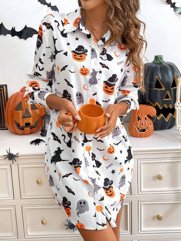 Women's Casual Halloween Graphic Print Long Sleeve Shirt Dress