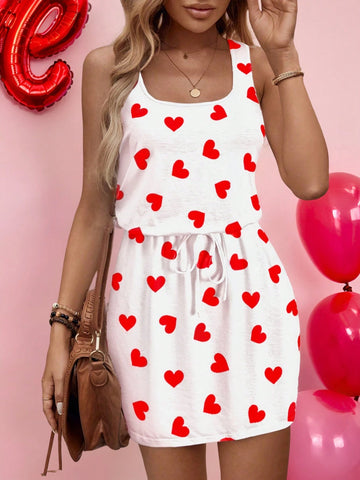 Women's Casual Heart Print Mini Dress, Suitable For Spring/Summer