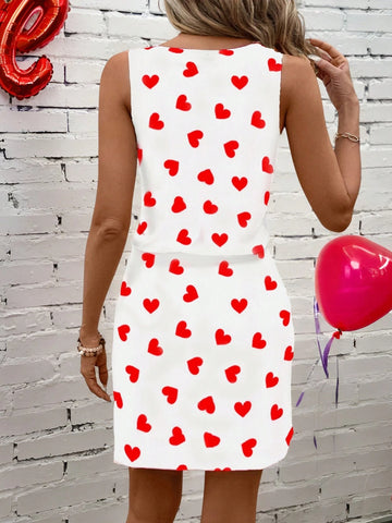 Women's Casual Heart Print Mini Dress, Suitable For Spring/Summer