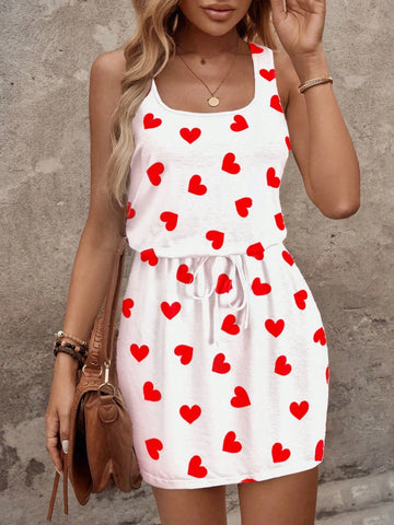 Women's Casual Heart Print Mini Dress, Suitable For Spring/Summer