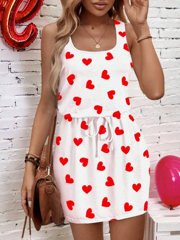 Women's Casual Heart Print Mini Dress, Suitable For Spring/Summer