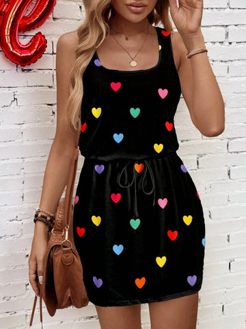 Women's Casual Heart Print Mini Dress, Suitable For Spring & Summer