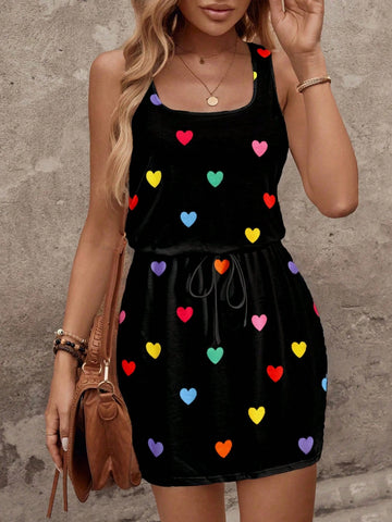 Women's Casual Heart Print Mini Dress, Suitable For Spring & Summer