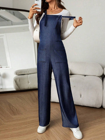 Women's Casual Jumpsuit With Wide Straps & Pockets, Simple Design For Everyday Wear