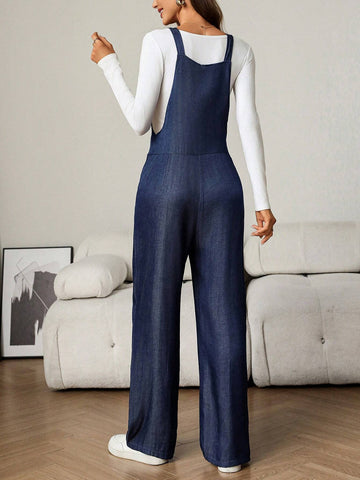 Women's Casual Jumpsuit With Wide Straps & Pockets, Simple Design For Everyday Wear
