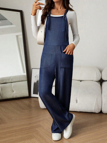Women's Casual Jumpsuit With Wide Straps & Pockets, Simple Design For Everyday Wear