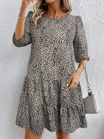 Women's Casual Leopard Print Ruffle Hem Loose Dress, Summer