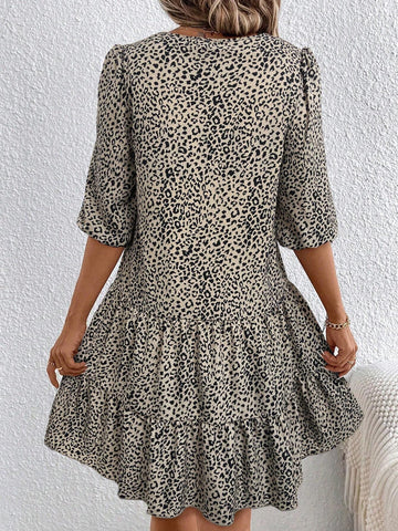 Women's Casual Leopard Print Ruffle Hem Loose Dress, Summer