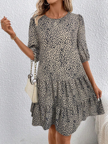Women's Casual Leopard Print Ruffle Hem Loose Dress, Summer