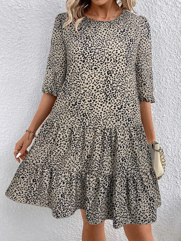 Women's Casual Leopard Print Ruffle Hem Loose Dress, Summer