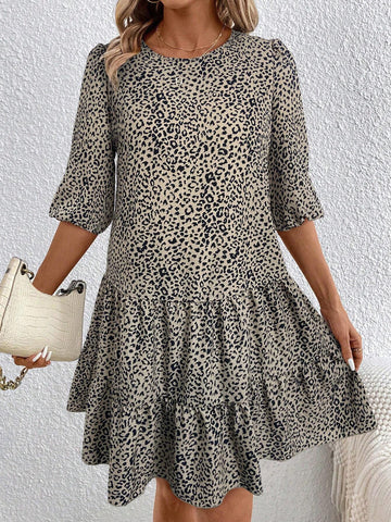 Women's Casual Leopard Print Ruffle Hem Loose Dress, Summer