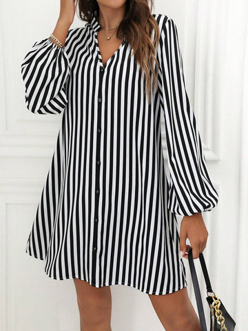 Women's Casual Loose Black And White Striped Dress