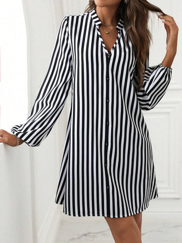 Women's Casual Loose Black And White Striped Dress